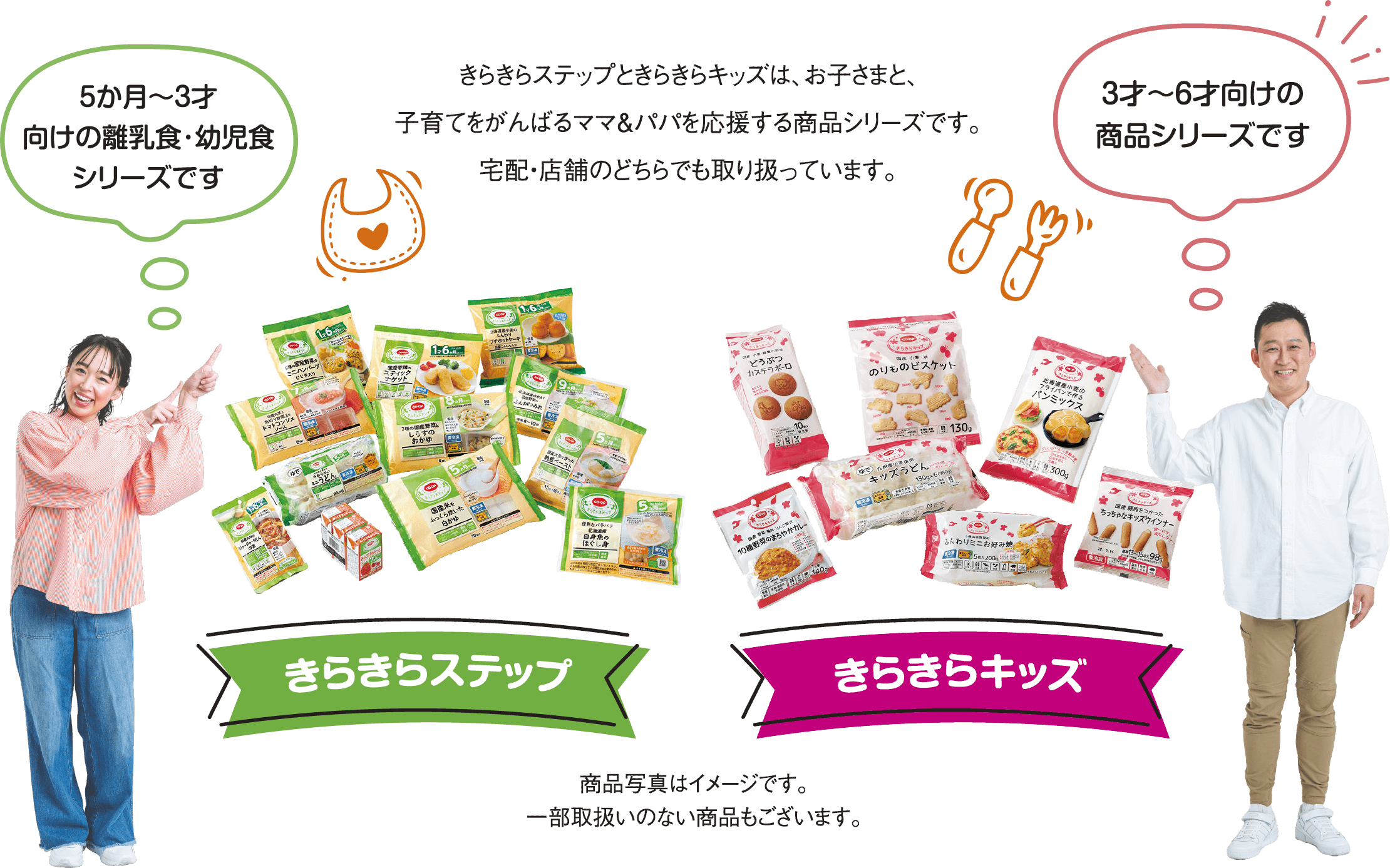 きらきらステップときらきらキッズは、お子さまと、子育てをがんばるママ＆パパを応援する商品シリーズです。宅配・店舗のどちらでも取り扱っています。