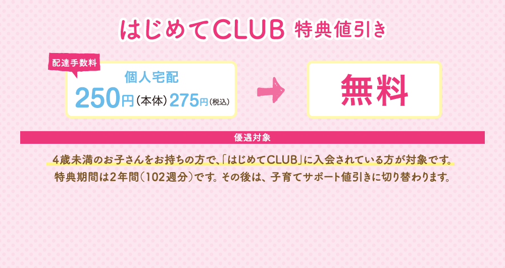 はじめてCLUB特典値引き 優遇対象：出産後1歳6か月までのお子さんをお持ちの方で、「はじめてCLUB」に入会されている方が対象です。優遇期間は1年間です。その後は、子育てサポート値引きに切り替わります。